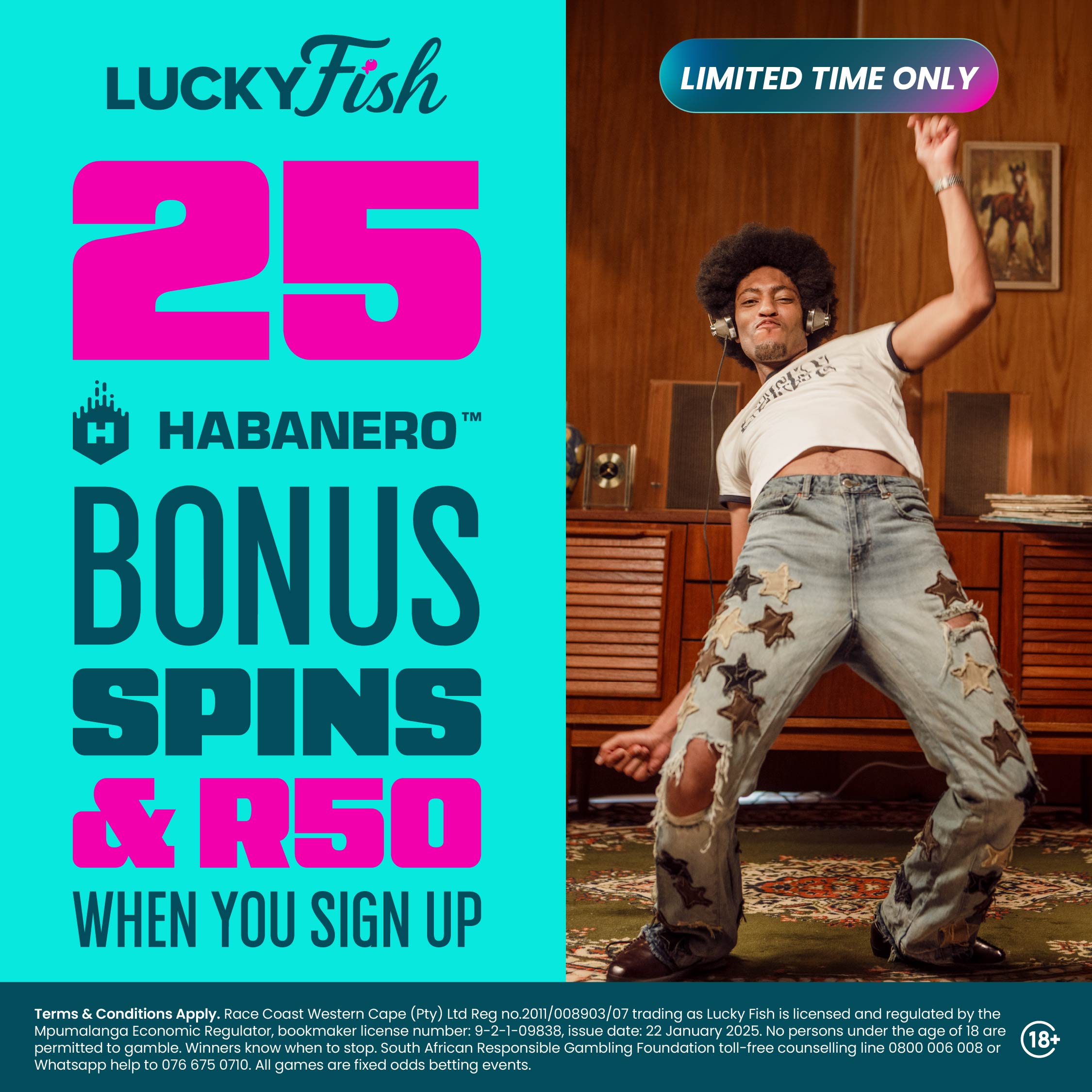Lucky Fish signup bonus with 25 Habanero bonus spins and R50